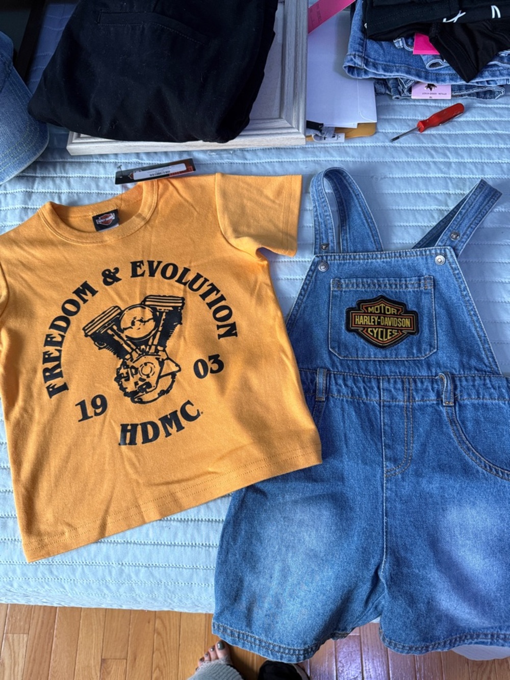 Harley-Davidson Mustard Yellow Graphic Tee with Blue Denim Short Overalls